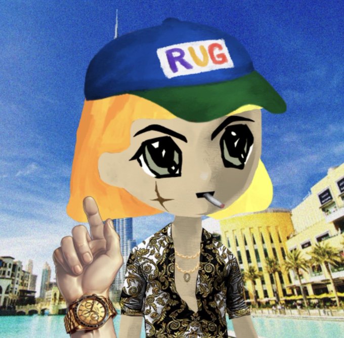 A stylized digital illustration of an anime-style character with blonde hair wearing a blue and green cap with "RUG" written on it, a Versace-pattern shirt, and a gold watch, standing against a backdrop of a pool and cityscape.