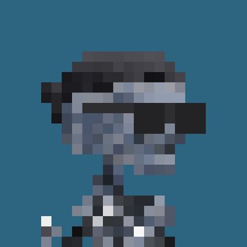 A heavily pixelated, low-resolution portrait of a person wearing a black baseball cap and dark sunglasses against a blue background.