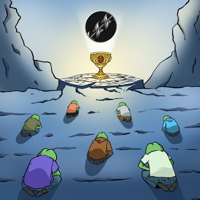 The image features a group of cartoon frogs sitting on rocks, with one frog holding a golden cup above them. The background shows a mountain range under a dark sky, creating an atmosphere of mystery or perhaps a religious event. The caption for the image reads "Over the years dozens have contributed to @RAILGUN_Project No VCs and strictly on-chain. No admin keys, kyc, or custody. Anyone can demand data and there'S none to give. Distribution = everything."