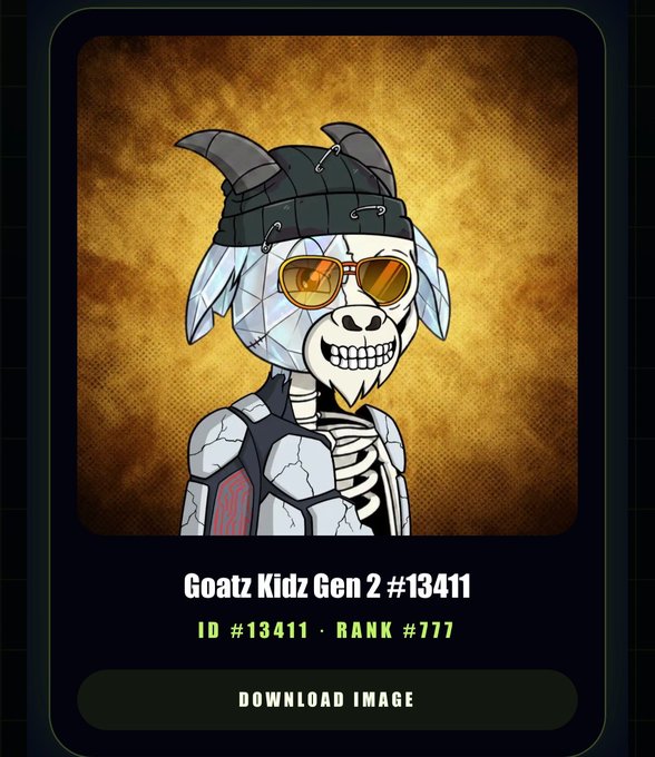 Digital collectible card titled 'Goatz Kidz Gen 2 #13411' featuring a skeletal goat character with horns, sunglasses, and a beanie, with ID #13411 and Rank #777.