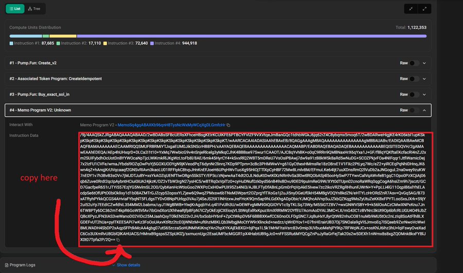 A screenshot of a developer dashboard displaying "Compute Units Distribution" with a total of 1,122,353 units across four instructions. A red box with an arrow labeled "copy here" highlights a long hex-encoded memo program ID.