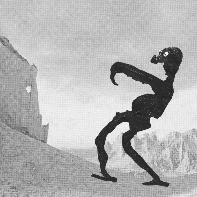 A surreal black-and-white composition featuring a stylized, shadowy humanoid figure with an exaggerated posture standing in a barren landscape with cliffs and a rock formation bearing a small heart-shaped cutout.