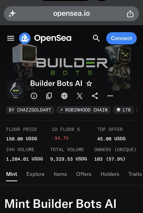 An OpenSea NFT collection page for 'Builder Bots AI' on the Robinhood chain, with a floor price of 150.00 USDG and a 1D floor change of -34.7%.