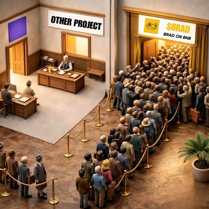 A satirical illustration contrasts an empty "OTHER PROJECT" office with a massive crowd waiting in line behind velvet ropes for "$BRAD - BRAD ON BNB", shown through golden doors.