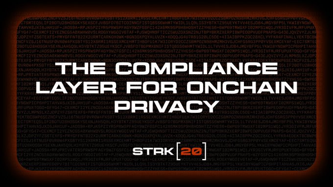 The image features a dark, terminal-inspired background filled with rows of alphanumeric code, overlaid with bold white text reading "THE COMPLIANCE LAYER FOR ONCHAIN PRIVACY" and the "STRK20" logo at the bottom—visually reinforcing STRK20's role as Starknet's framework for private yet auditable onchain transactions.