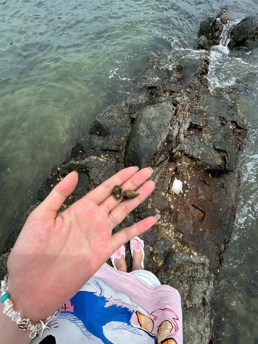 A first-person view shows a hand holding two small shells over rocky coastline with waves crashing, while the person wears a colorful dress and pink flip-flops.