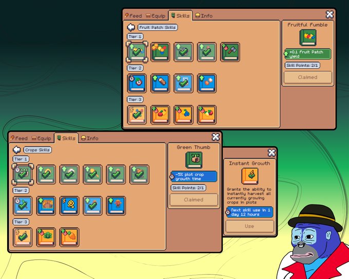The image shows two skill tree interfaces from 0xSunflowerLand—a Fruit Patch Skills tree (Tiers 1-3) highlighting the claimed "Fruitful Fumble" perk (+0.1 Fruit Patch Yield) and a Crops Skills tree highlighting the claimed "Green Thumb" perk (-5% plot crop growth time) alongside the "Instant Growth" ability, which grants one plot to mature instantly per 12 hours. The display visually reinforces the post's point about how unlocking Instant Growth eliminates the frustration of waiting 20+ hours for advanced crops to finish growing.
