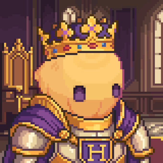 A pixel art character with a round yellow head, wearing a golden crown and purple royal attire, standing in a regal setting.