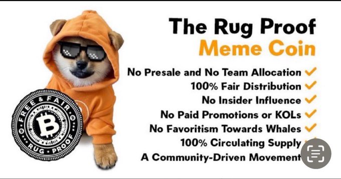 A Shiba Inu dog wearing an orange hoodie and pixelated sunglasses appears alongside text promoting "The Rug Proof Meme Coin" with promises of 100% fair distribution, no presale, no insider influence, and 100% circulating supply, branded as "Free & Fair O·Rug·Proof." The image ties into the $DOG Army post by visually emphasizing the "rug proof" and "fair distribution" qualities that the poster suggests $DOG offers compared to $BTC's listing on @Fomo.