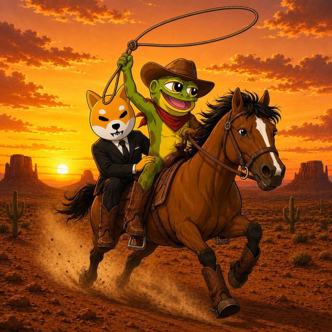 A cartoon Shiba Inu in a suit rides alongside a green Pepe frog cowboy swinging a lasso on horseback across a desert sunset, symbolizing $KITTY and $SHIB racing to flip each other in the meme coin race.