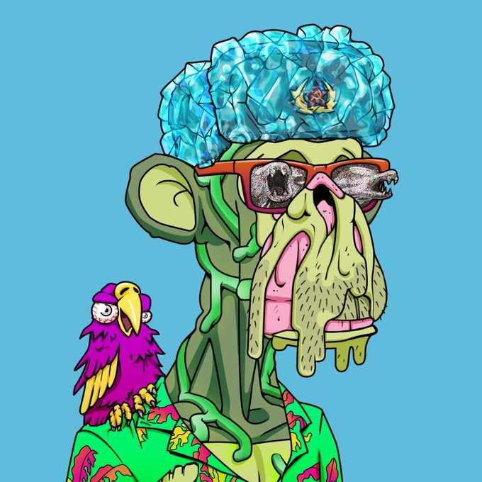 A colorful cartoon Mutant Ape Yacht Club NFT avatar with blue crystal-like hair, orange glasses, a cigar, a bright floral shirt, and a purple bird on its shoulder. The accompanying post says it sold for 0.8363 ETH ($2,087.68) on Ethereum and prompts users to explore MAYC on Rarible.