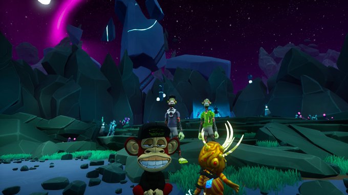 A 3D video game scene shows cartoon monkey and alien characters in a nighttime landscape with crystalline structures and a purple aurora in the sky.