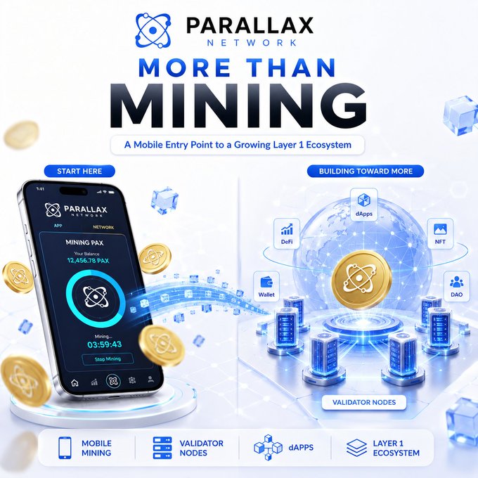 A promotional banner for "PARALLAX NETWORK" with the tagline "MORE THAN MINING" and the subtitle "A Mobile Entry Point to a Growing Layer 1 Ecosystem", featuring a phone showing a mining balance of "12,456.78 PAX".
