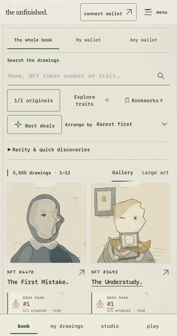Screenshot of a digital art platform called 'the unfinished' showing NFT listings including 'The First Mistake' (#4470) and 'The Understudy' (#3493), both ranked #1 in BOOK RANK.