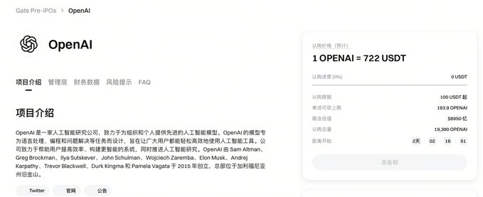 A webpage showing OpenAI pre-IPO details, including a price of 722 USDT per share, with a Chinese project description about the AI research company.