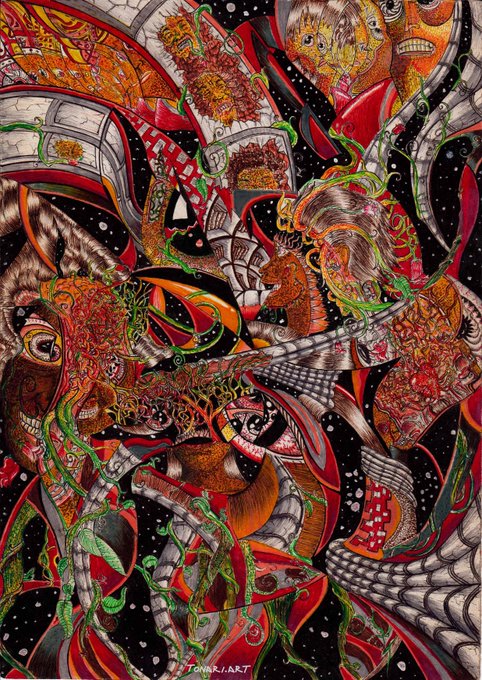 A vibrant, surreal digital illustration featuring chaotic, intricate compositions with multiple faces, eyes, and serpentine forms rendered in red, green, and black tones, signed 'TONARII.ART' at the bottom.