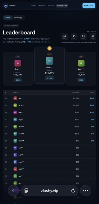 The image shows a Zlashy leaderboard where players rank by wagered amount, with "EXC****" in 1st place at $65,686, followed by "Big****" at $16,207 and "Log****" at $6,924, and lists additional players below with wagers ranging from $5,774 down to $10. It visually supports the post's announcement of a $3,000 leaderboard prize by displaying the 10-day countdown and current top 15 wagerers competing for that reward.