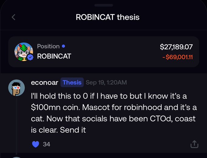 A mobile app screenshot showing a ROBINCAT position worth $27,189.07 (down -$69,001.11), with a comment from user "econoar" stating they will hold to zero because it's a $100mn mascot coin for Robinhood.