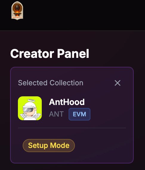 A "Creator Panel" interface displays a selected NFT collection called "AntHood" (ANT) on the EVM blockchain, featuring a cartoon ant character wearing a beanie and VR headset, with a "Setup Mode" button below. The image visually represents the AntHood project mentioned in the post, which highlights its 150 spot listing, lack of venture capital, no paid mint, and a total supply of 1,111.