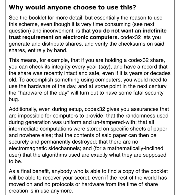 A document explaining the rationale for using the codex32 scheme, emphasizing that it allows users to avoid trusting electronic computers by generating and verifying shares by hand for long-term secret storage.