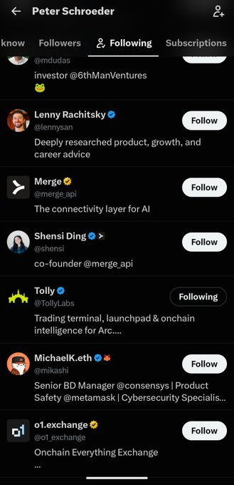 Twitter/X profile page of Peter Schroeder showing his 'Following' list with accounts including @mducas, Lenny Rachitsky, Merge API, Shensi Ding, Tolly Labs, MichaelK.eth, and o1.exchange.