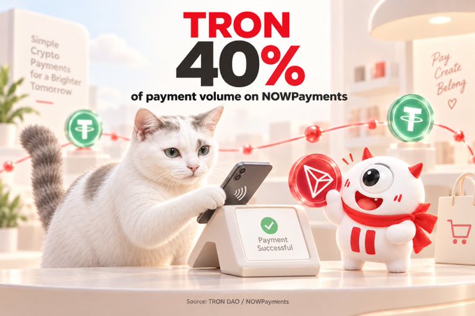 Marketing image stating 'TRON 40% of payment volume on NOWPayments' featuring a cat using a mobile payment terminal alongside a small white mascot character with a TRX coin.