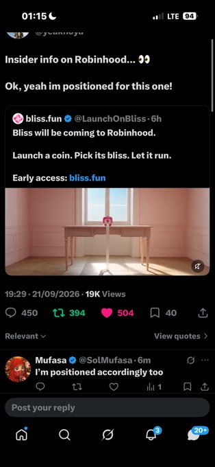 A mobile screenshot of a social media post from @LaunchOnBliss stating 'Bliss will be coming to Robinhood. Launch a coin. Pick its bliss. Let it run. Early access: bliss.fun' with an image of a wooden table in a pink room.