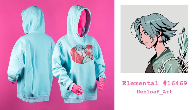 A light blue hoodie featuring an anime-style character print is displayed alongside its reference artwork, labeled "Elemental #16469 Henloaf_Art"—a custom DTF print inspired by an Azuki Elemental, shaped into a red bean silhouette as credited in the post.