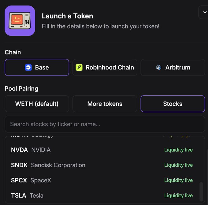 A "Launch a Token" interface on Base chain shows a stock token selection menu with "Stocks" selected as the pool pairing option, displaying four available stocks (NVDA/NVIDIA, SNDK/Sandisk Corporation, SPCX/SpaceX, and TSLA/Tesla) all marked as "Liquidity live"—reflecting the post's announcement that six new stock tokens have launched on Base via bankr.bot.