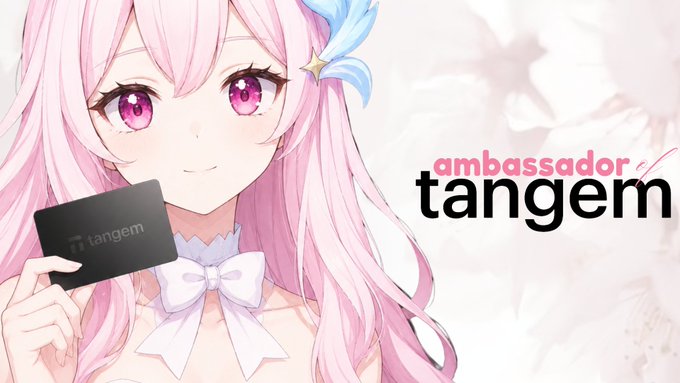 An anime-style illustration of a pink-haired girl with purple eyes holding a Tangem crypto card, labeled 'ambassador tangem'.