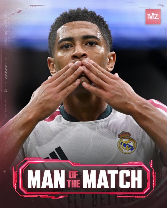 A sports graphic showing soccer player Jude Bellingham in a Real Madrid jersey making a heart gesture with his hands, labeled 'MAN OF THE MATCH' with an 'MZ' logo in the corner.