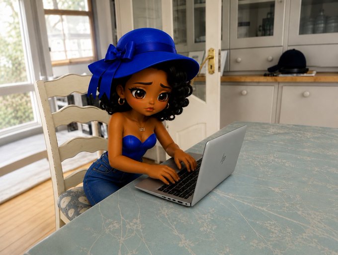 A 3D-rendered stylized female character with dark curly hair wearing a large blue hat and blue strapless top, sitting at a kitchen table working on a silver laptop.