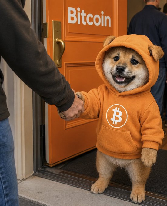 A Shiba Inu dog wearing an orange Bitcoin hoodie shaking hands with a person at the entrance of a door labeled 'Bitcoin'.