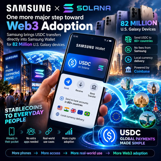 A promotional graphic announcing a partnership between 'SAMSUNG x SOLANA' to integrate USDC transfers into Samsung Wallet for 82 million U.S. Galaxy devices, powered by Coinbase.