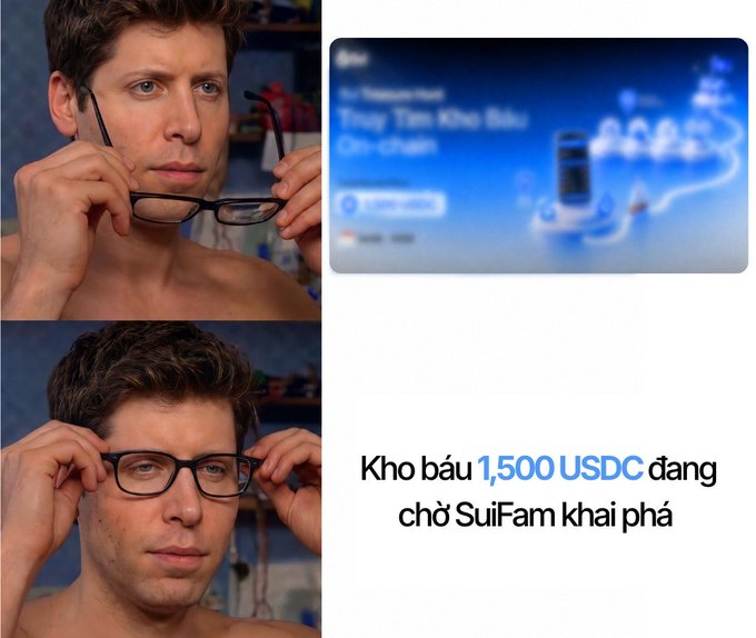 A composite image featuring two photos of a shirtless man putting on black-rimmed glasses, alongside a blurry screenshot of a digital item store and Vietnamese text reading 'Kho báu 1,500 USDC đang chờ SuiFam khai phá'.