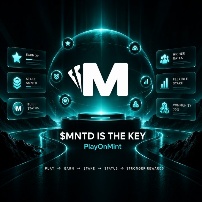 A futuristic promotional graphic for 'PlayOnMint' cryptocurrency showing $MNTD as the key, with features like Earn XP, Stake, Higher Rates, and Community 30%.