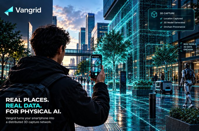 A Vangrid promotional image showing a person using a smartphone to capture 3D data of a city street, with text reading 'REAL PLACES. REAL DATA. FOR PHYSICAL AI.' and listing features like '3D Capture,' 'Location Captured,' '3D Model Generated,' and 'Onchain Provenance.'