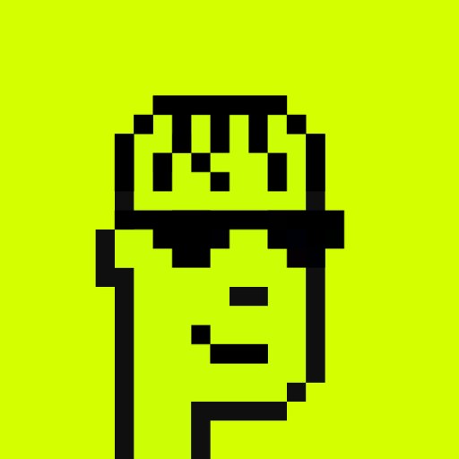 A minimalist pixel art figure with a skull-like face stands against a bright yellow-green background.