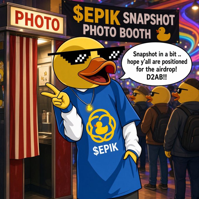 A cartoon illustration of a duck wearing pixelated "deal with it" sunglasses and a blue "$EPIK" t-shirt at a "$EPIK SNAPSHOT PHOTO BOOTH," announcing "Snapshot in a bit.. hope y'all are positioned for the airdrop! D2AB!!" with other ducks wearing sunglasses waiting in line.