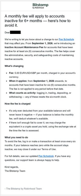 An email from Bitstamp by Robinhood announcing a 5.00 EUR/USD/GBP monthly Inactive Account Maintenance Fee for accounts inactive for at least six consecutive months, effective September 1, 2026.