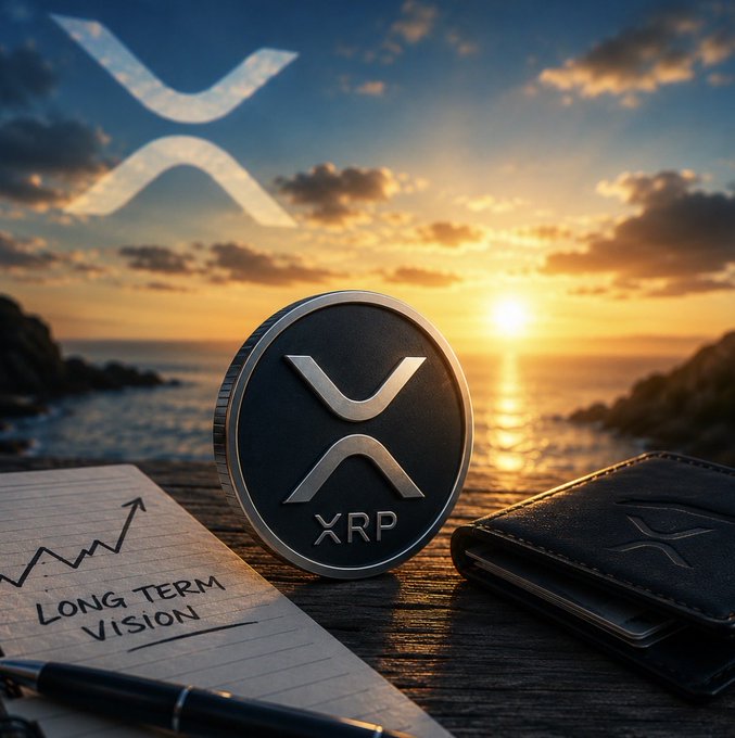 A physical XRP coin displayed on a wooden surface with a notepad reading 'LONG TERM VISION' and an upward trending chart, set against a scenic sunset over the ocean with the XRP logo visible in the sky.