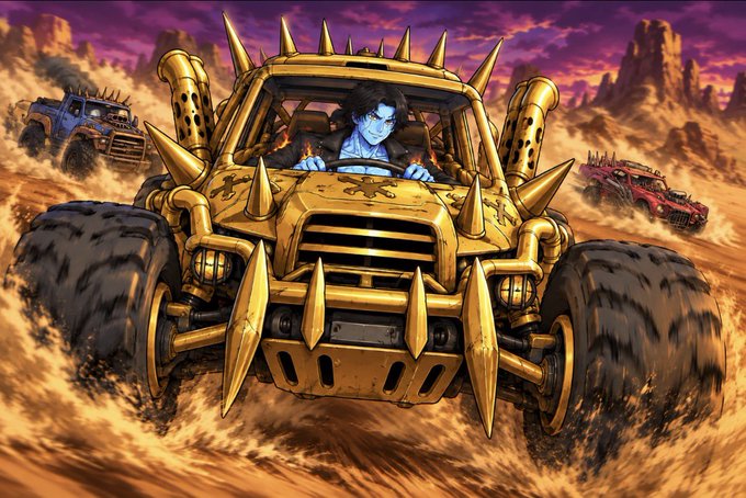 A fierce, spiky gold off-road vehicle with massive tires tears through a dusty desert landscape, driven by a determined-looking character, while rival spiked trucks race behind under a dramatic purple sky. The rugged, high-octane illustration perfectly matches the post's "dusty" theme, visually symbolizing the chaotic, adrenaline-fueled energy of a crypto collaboration with ChainRiderz.