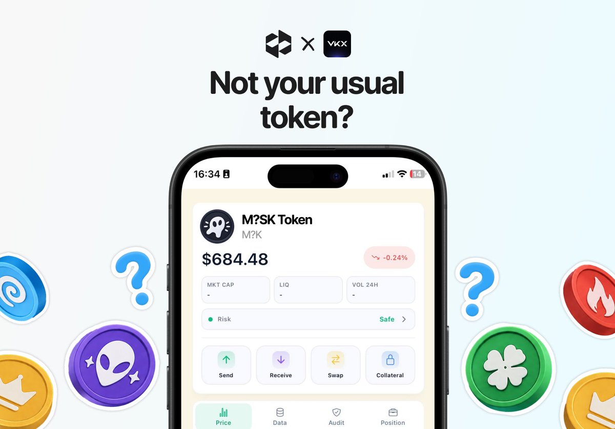 A promotional graphic for a cryptocurrency token app showing a smartphone displaying 'M?SK Token' priced at $684.48, with the tagline 'Not your usual token?' surrounded by question marks and crypto coins.