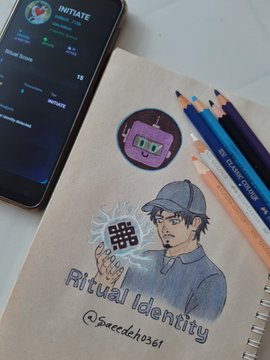 The image features a sketch of a man holding a crystal ball, surrounded by colored pencils. The sketch also includes text that reads "ritual identity" and "#ritualidentity". The sketch appears to be created using a sketching app on a cell phone.
