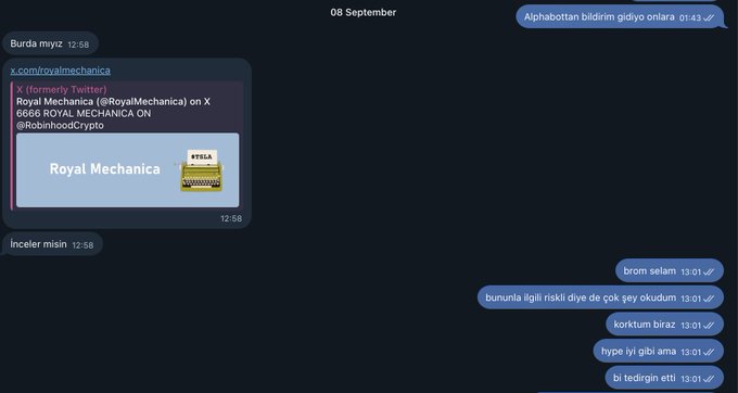 A Telegram chat screenshot dated 08 September showing messages in Turkish about a Twitter post from @RoyalMechanical, with a preview of 'Royal Mechanica #6666 ROYAL MECHANICA ON' featuring a typewriter image.