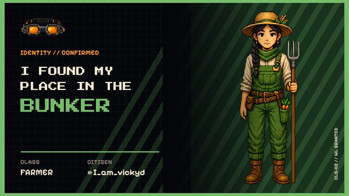 A pixel-art character profile card featuring a farmer in green overalls and a straw hat holding a pitchfork, displayed against a dark green striped background. The card reads "I FOUND MY PLACE IN THE BUNKER" with the class listed as "FARMER" and citizen ID "@I_am_vickyd," visually matching the accompanying post celebrating a WL (whitelist) grant with the confirmed farmer status.
