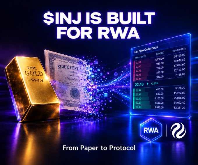 A promotional graphic with the headline '$INJ IS BUILT FOR RWA' showing a gold bar, stock certificate, and onchain orderbook, with the tagline 'From Paper to Protocol.'