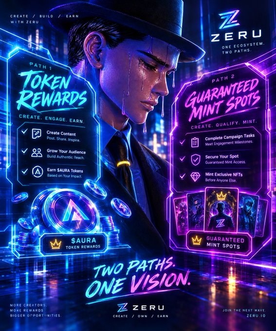 A promotional poster for 'ZERU' featuring a stylized man in a hat, highlighting two paths: 'PATH 1 TOKEN REWARDS' (Create, Engage, Earn) and 'PATH 2 GUARANTEED MINT SPOTS' (Create, Qualify, Mint), with the tagline 'TWO PATHS. ONE VISION.'