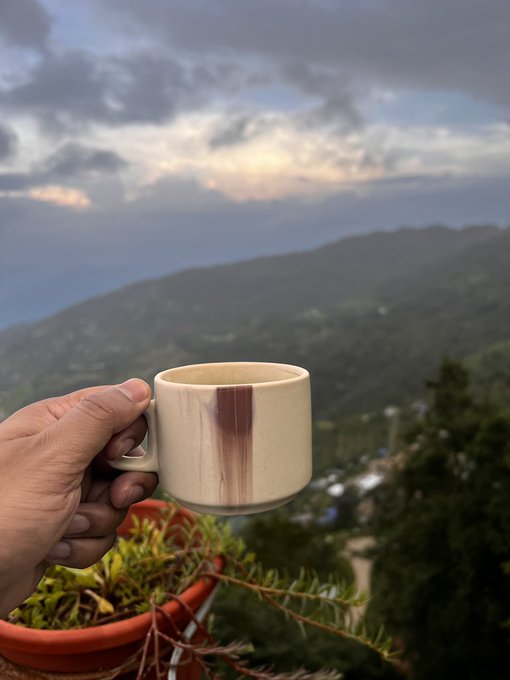 A hand holds a beige ceramic mug with a reddish-brown streak in the foreground, set against a backdrop of a cloudy sky, distant mountains, and green foliage at dusk.