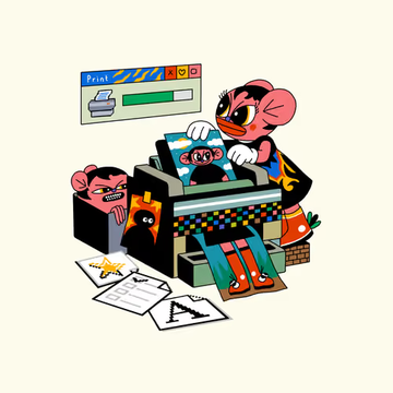 An illustration depicts two red, goblin-like characters with angry expressions struggling with a printing machine and scattered papers.